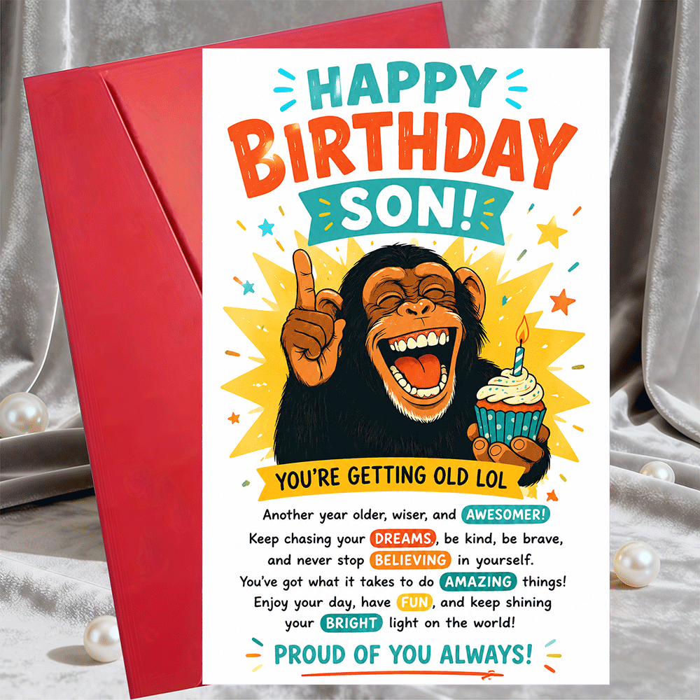 TEMU 1 Greeting Card + 1 Envelope Funny Birthday Greeting Card For Son Happy Birthday Card With Monkey Design For Men Birthday Celebration Gift For