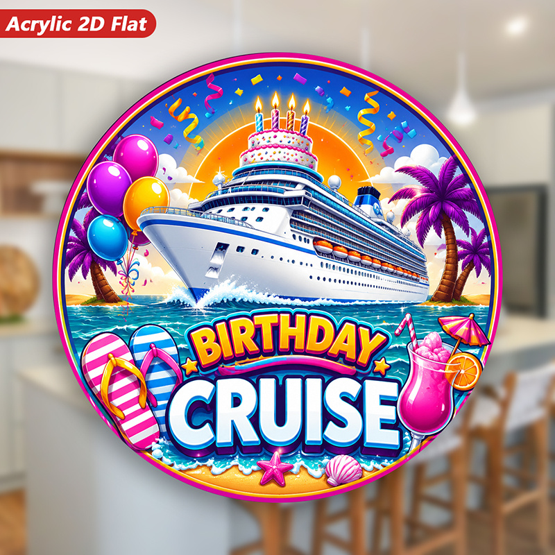 TEMU 2d Flat, 1pc Birthday Cruise Party Acrylic Round Magnetic Refrigerator Magnets, Ocean Liner, Tiered Cake Candles, Trees, Kitchen Decor, Modern ,