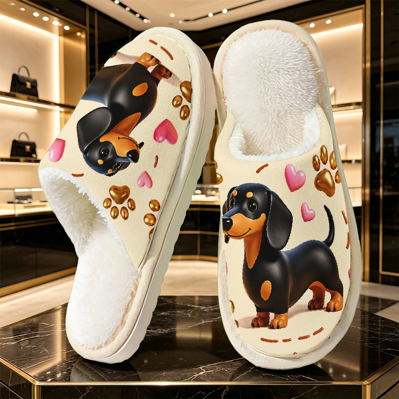 TEMU Black And Brown Dachshund With Heart Paw Print Pattern , Unisex For , Comfortable Slippers For Indoor And Outdoor Wear, Women Shoes