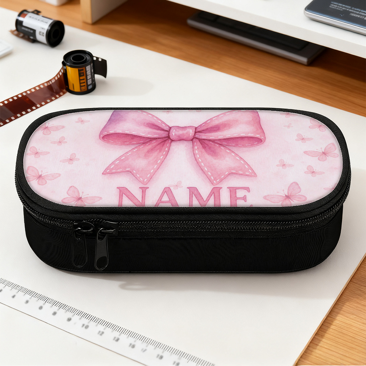 TEMU Customized 1pc Pink Bow Designed Large Pencil Case Pen Case With Zippered Compartments, Fashion Personalized Custom Name/text Pencil Pouch With