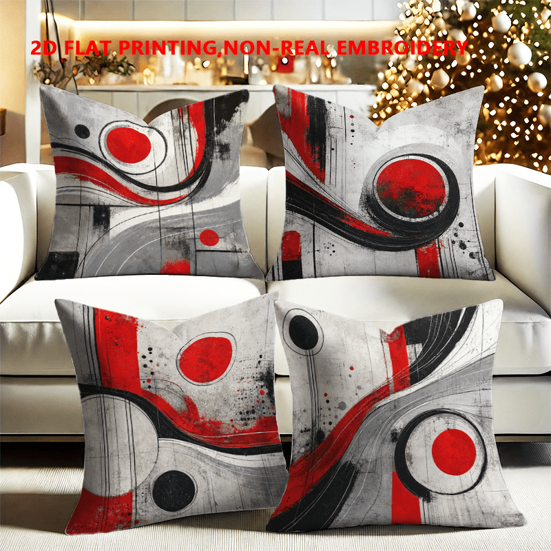 TEMU 2d Flat - 4pcss, 2d Flat Printing, Abstract Red Black Gray Geometric Pattern Pillowcases 4pcs Set, Single-sided Printing, Modern Fashion