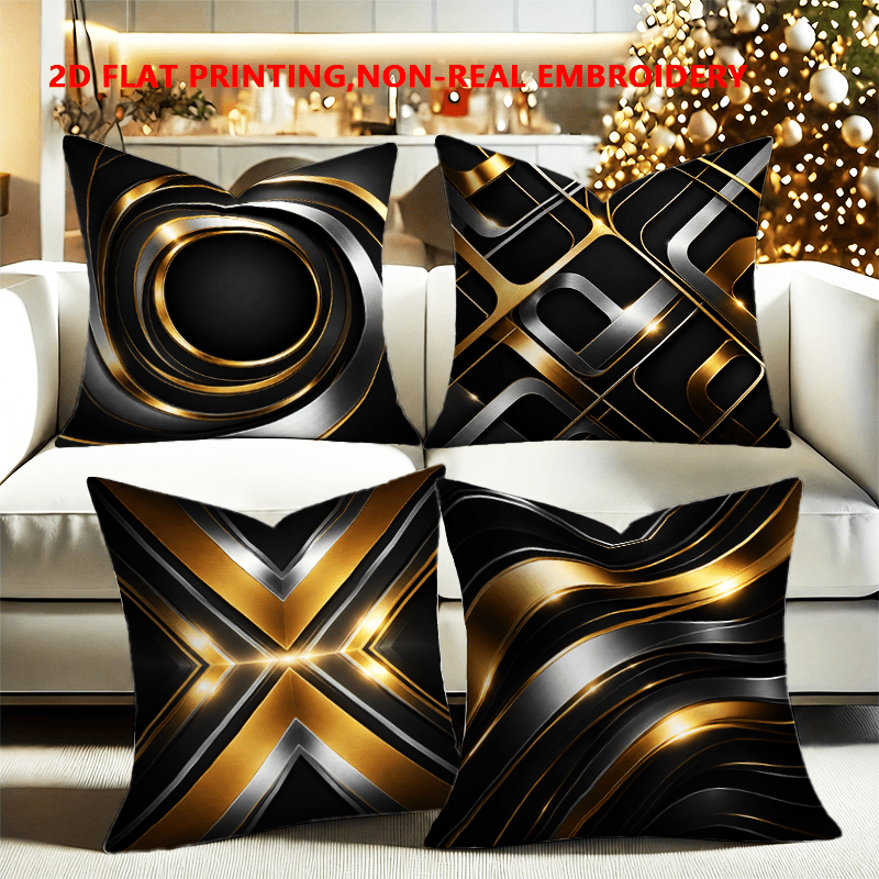 TEMU 4pcs Set, 2d Flat Printing, Black, Golden, And Silvery Geometric Pillowcases, Single-sided Print, Modern And Stylish Decorative Pillow Covers,