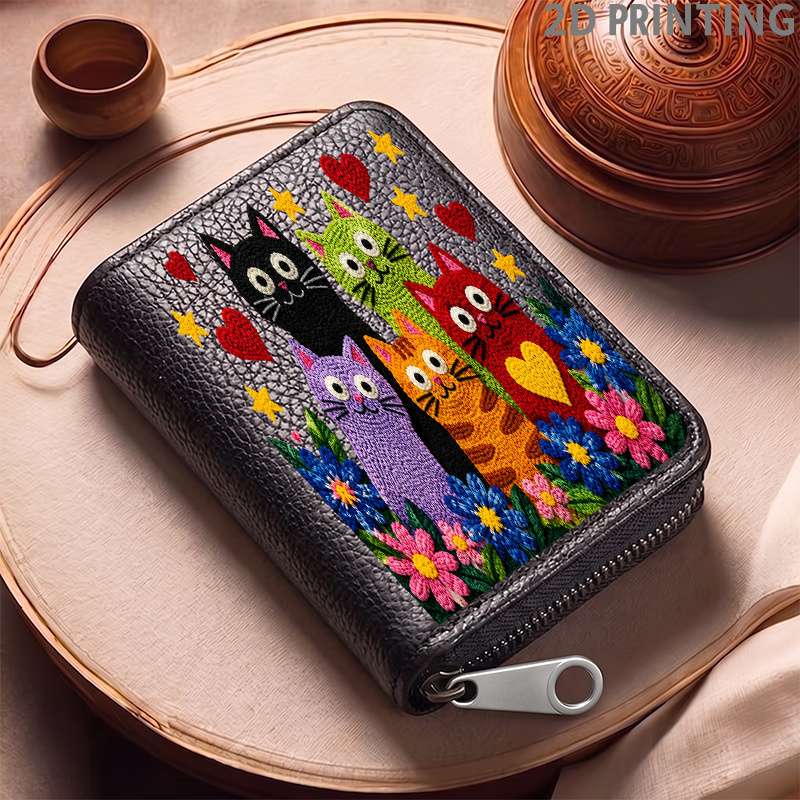 TEMU 1-pack Colored Cute Cartoon Kitten Pattern 3d Embroidery Ultra-thin Portable Fits Id Card Bank Card Card Holder Anti-demagnetization Protective