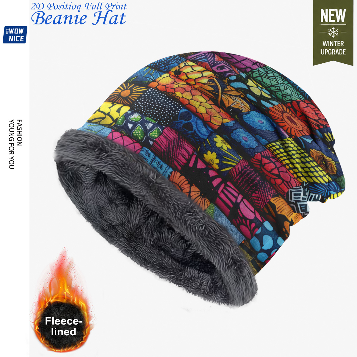 TEMU 2d Flat, 1pc 2d Full Print Bohemian Style Beanie Hat With Colorful Print. Versatile For Occasions: Daily , Vacation Trips, And Artistic