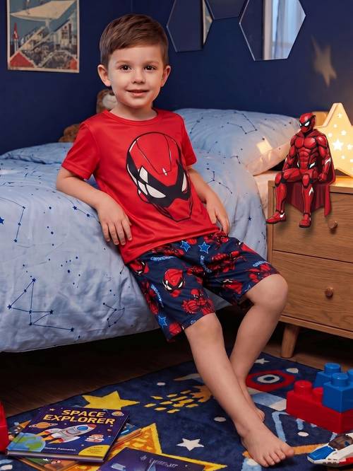 item picture a boys pajama set featuring cartoon robot prints in red and black with a casual short sleeve top and all shorts full of fun this cool cartoon is perfect for boys sleepwear