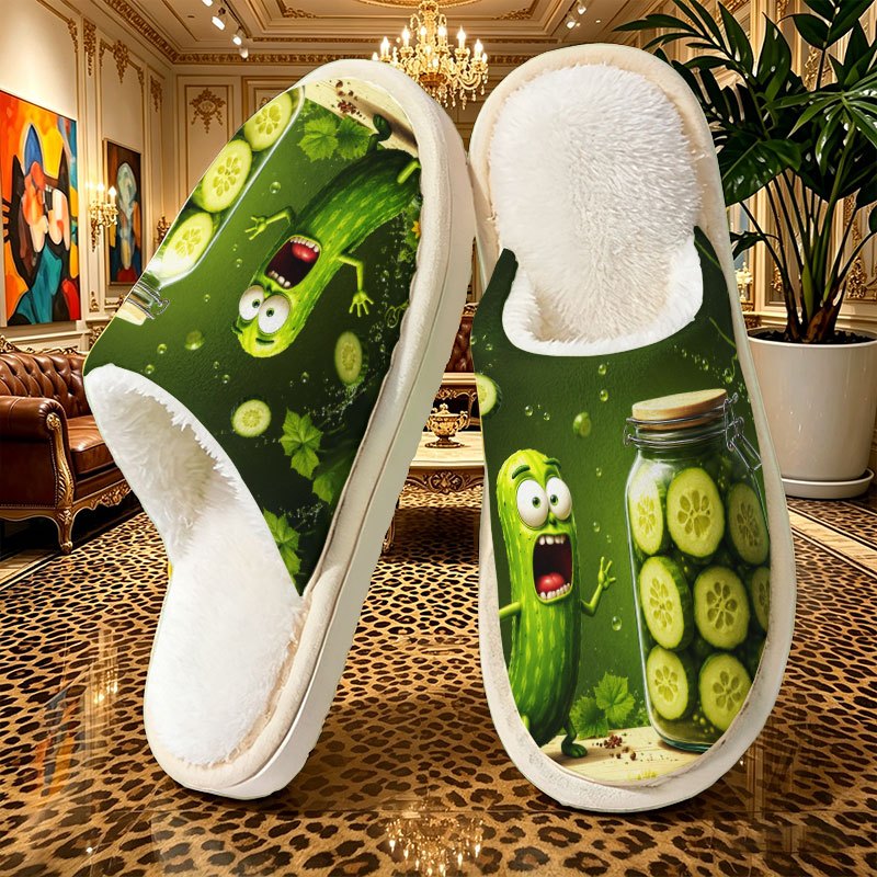 TEMU Cartoon Cucumber And Pickled Cucumber Women's Fashionable Elegant Easy Slippers, Unisex, Gift, Ideal For Holiday Gifting, Couple's Slippers,