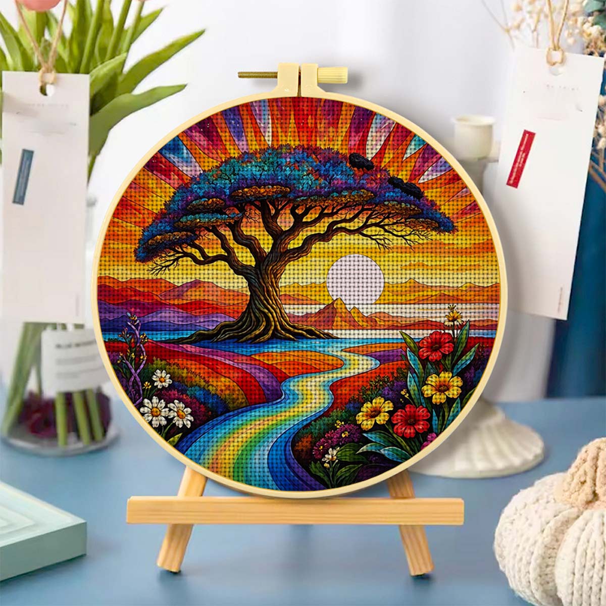 Round Cross Stitch Printed Kit with Hoop, Colorful Big Tree Pattern