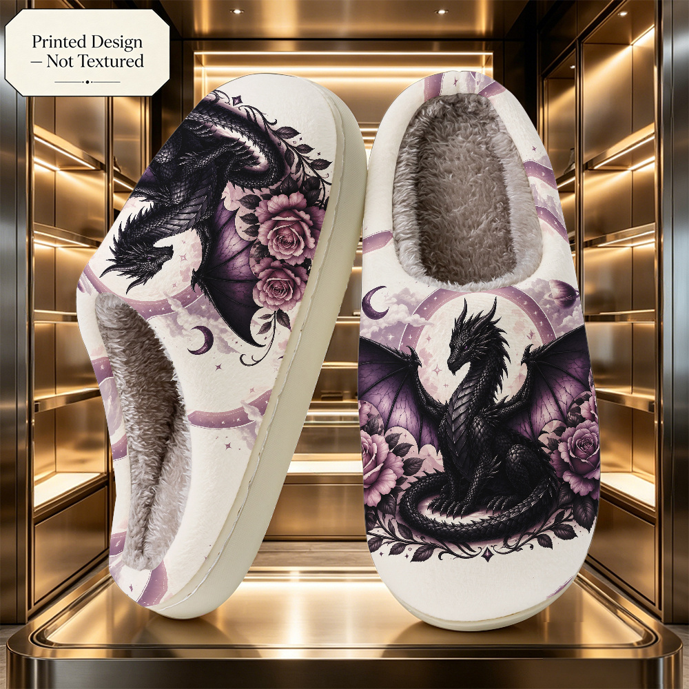 TEMU [printed Design - Not Textured] Purple Black Dragon And Rose Printed Slippers Pattern Printed Fashion Women's Home Slippers, Unisex, Versatile