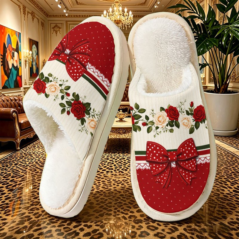 TEMU Vintage Red Rose Bow Decorative Pattern Women's Fashionable, Elegant, And Simple Slippers, Unisex, Essential Gift , Top For Holiday Gifting,