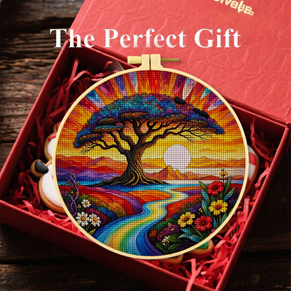 Round Cross Stitch Printed Kit with Hoop, Colorful Big Tree Pattern