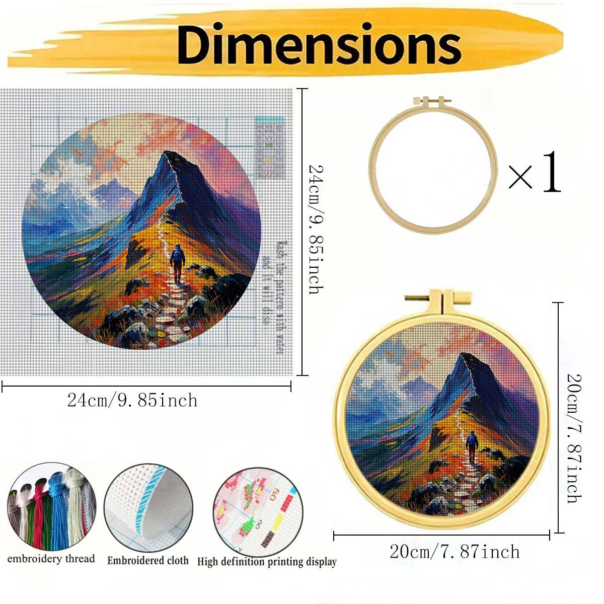 Round Cross Stitch Printed Kit with Hoop, Hiker on Mountain Trail