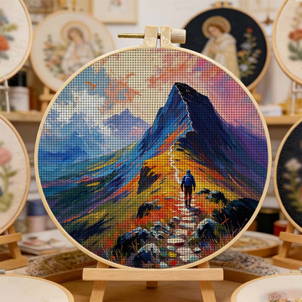 Round Cross Stitch Printed Kit with Hoop, Hiker on Mountain Trail