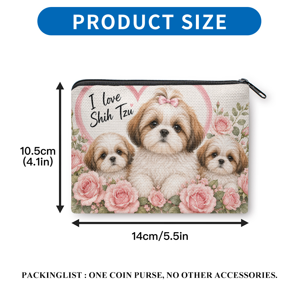TEMU Coin Purse 1pc, Cute Shih Tzu Puppies Printed Coin Purse, Multifunctional Change Purse, Earphone Lipstick Small Items Storage Bag, Compact Bag