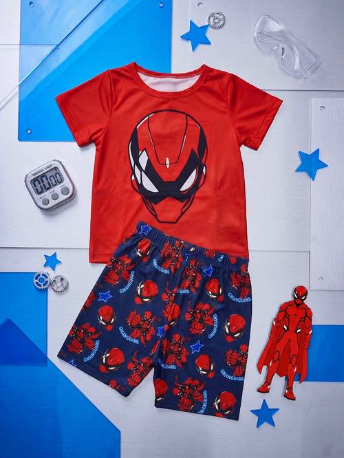 a boys pajama set featuring cartoon robot prints in red and black with a casual short sleeve top and all shorts full of fun this cool cartoon is perfect for boys sleepwear