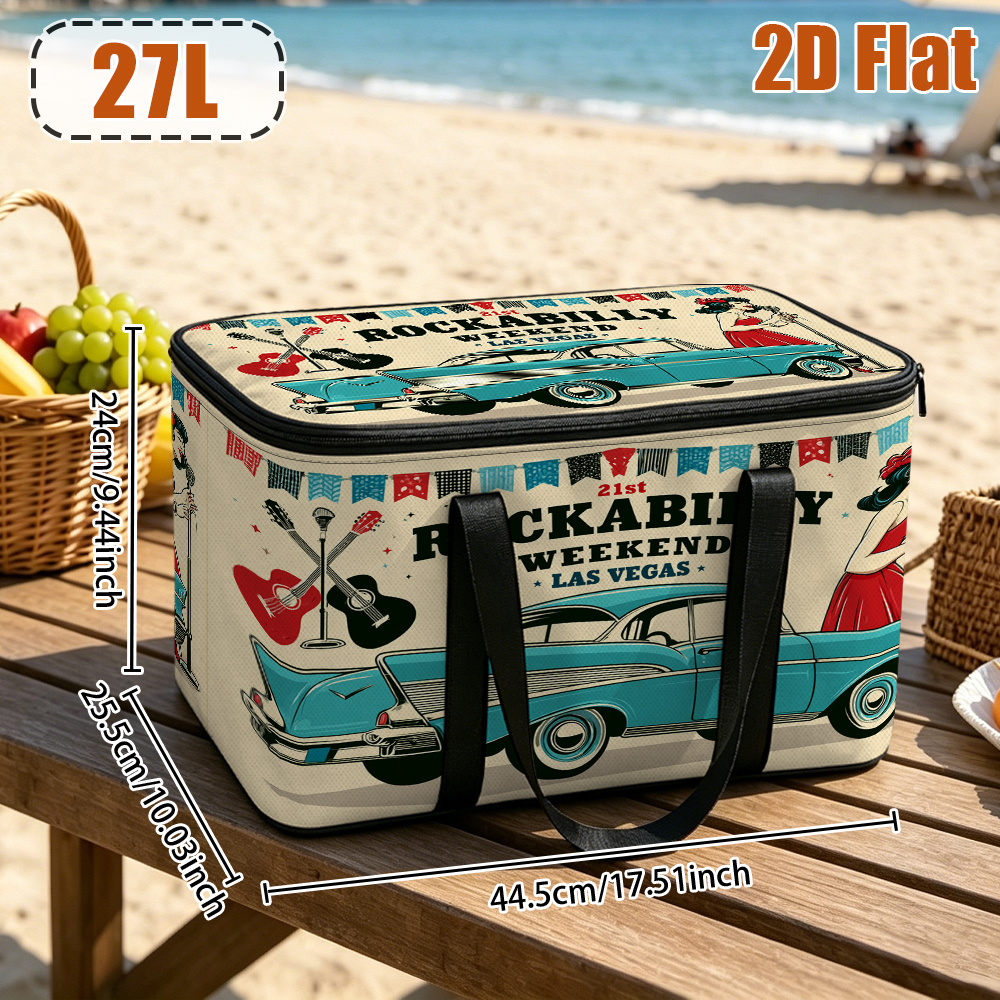TEMU 2d Flat, 1pc Rockabilly Weekend Retro Outdoor Insulated Bag,insulation, Outdoor Thermal Bag Non-food Contact Perfect For Exercise, Fitness,