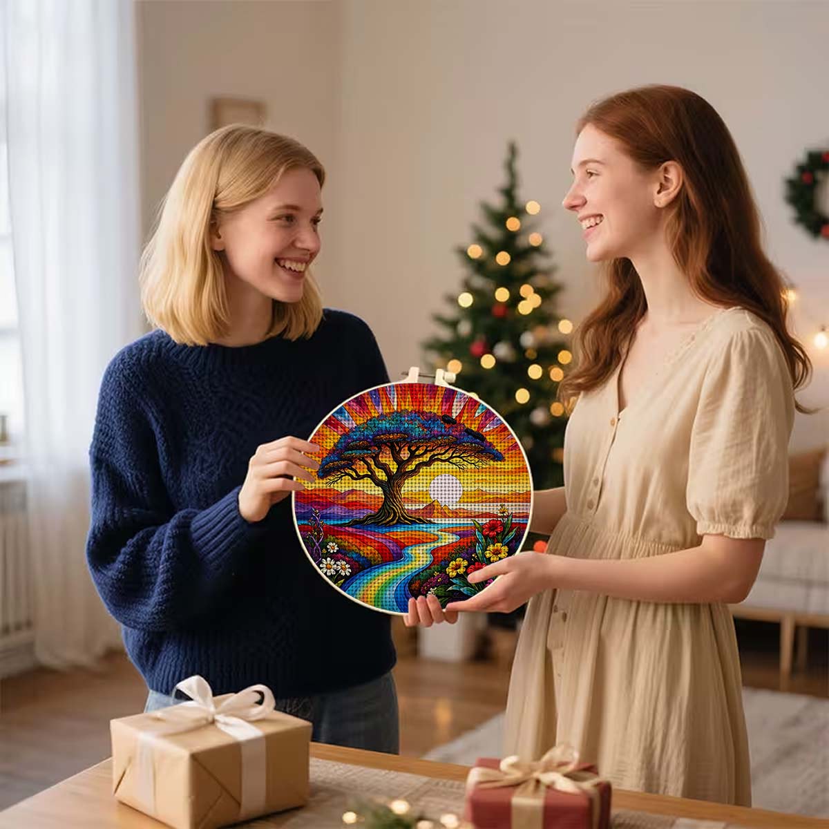 Round Cross Stitch Printed Kit with Hoop, Colorful Big Tree Pattern