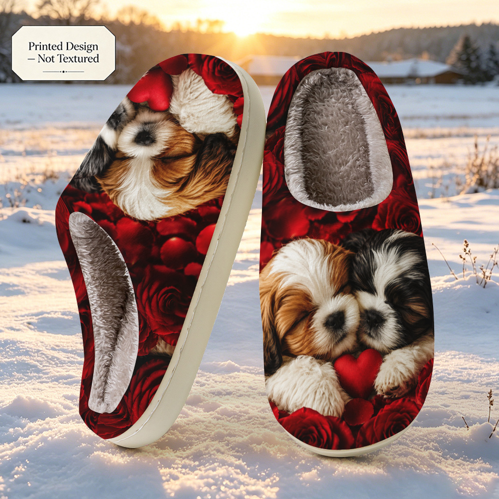 TEMU [printed Design - Not Textured] Red Puppy Pattern Slippers, Women's Fashion Printed Home Slippers, , Unisex Couple Same Style, Essential For