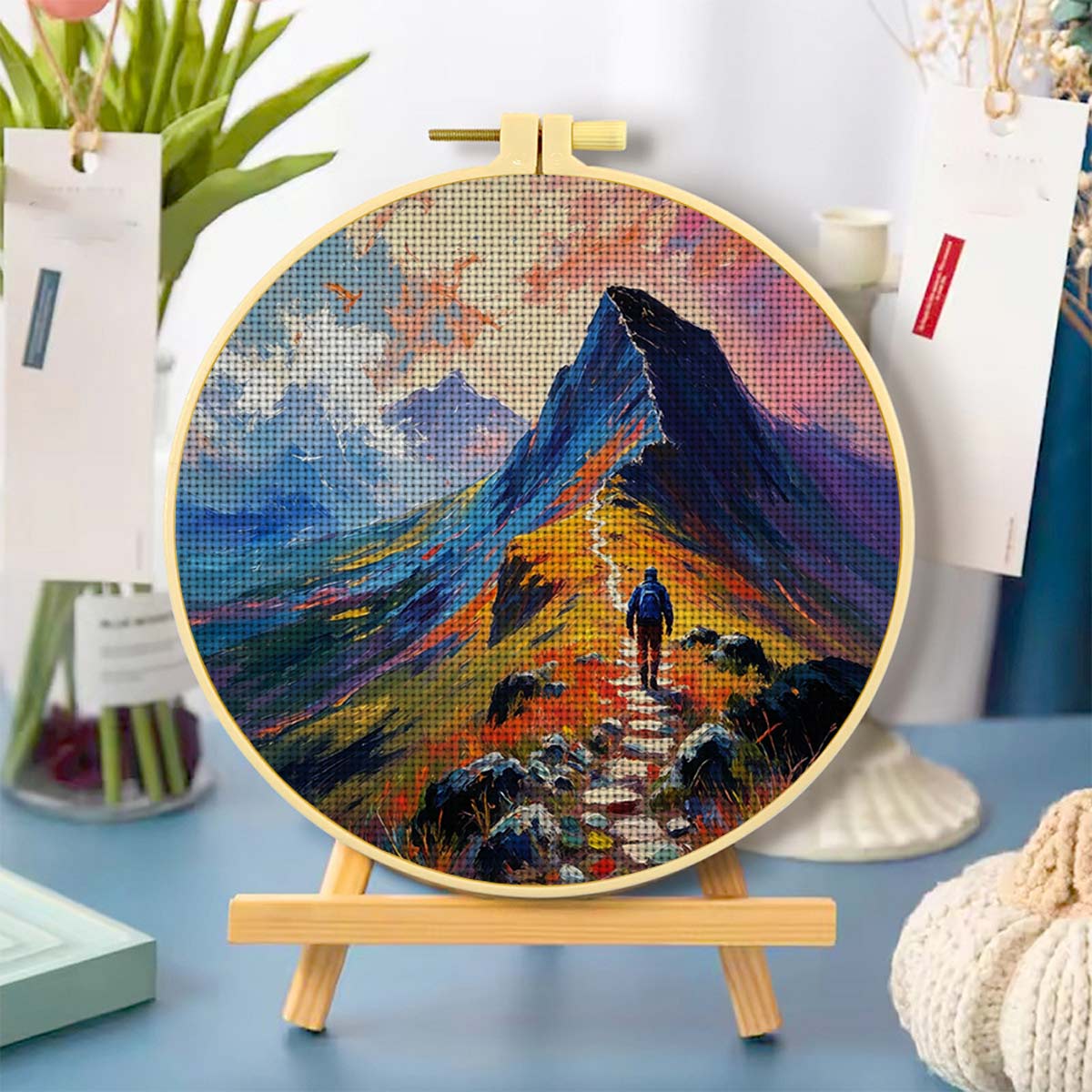 Round Cross Stitch Printed Kit with Hoop, Hiker on Mountain Trail