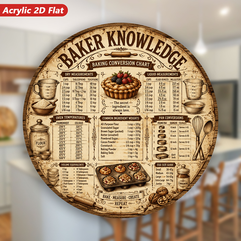 TEMU 2d Flat, 1pc Baking Knowledge Chart Acrylic Round Magnetic Fridge Magnet, Baking Conversion Table, Measuring Cup, Mixing Bowl, Kitchen Decor,