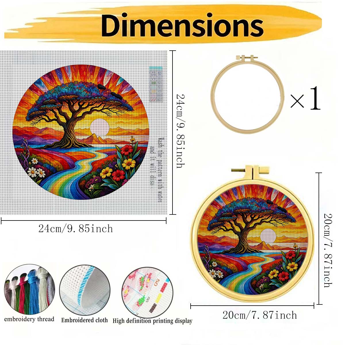Round Cross Stitch Printed Kit with Hoop, Colorful Big Tree Pattern