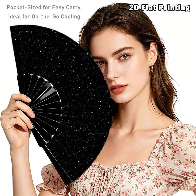 TEMU 2d Flat - 1pc, Starry Sky Handheld Folding Fan, , Portable Cooling Fan, Plastic Frame Polyester Fan Blade, 2d Flat Printing Exquisite Print,