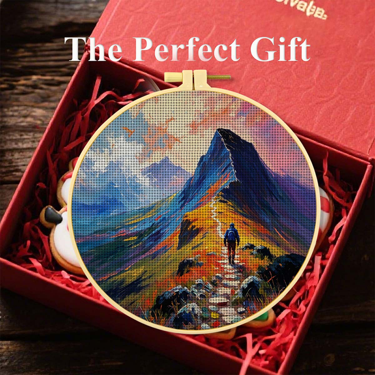 Round Cross Stitch Printed Kit with Hoop, Hiker on Mountain Trail
