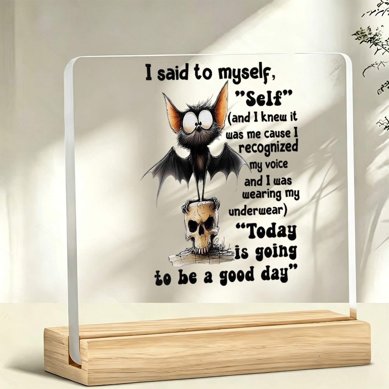 TEMU Plat 2D, 1 pièce Ornement de bureau Chat Chauve-souris " un " avec base en bois et dessus en acrylique - Presse-papiers sur le thème de -souris,