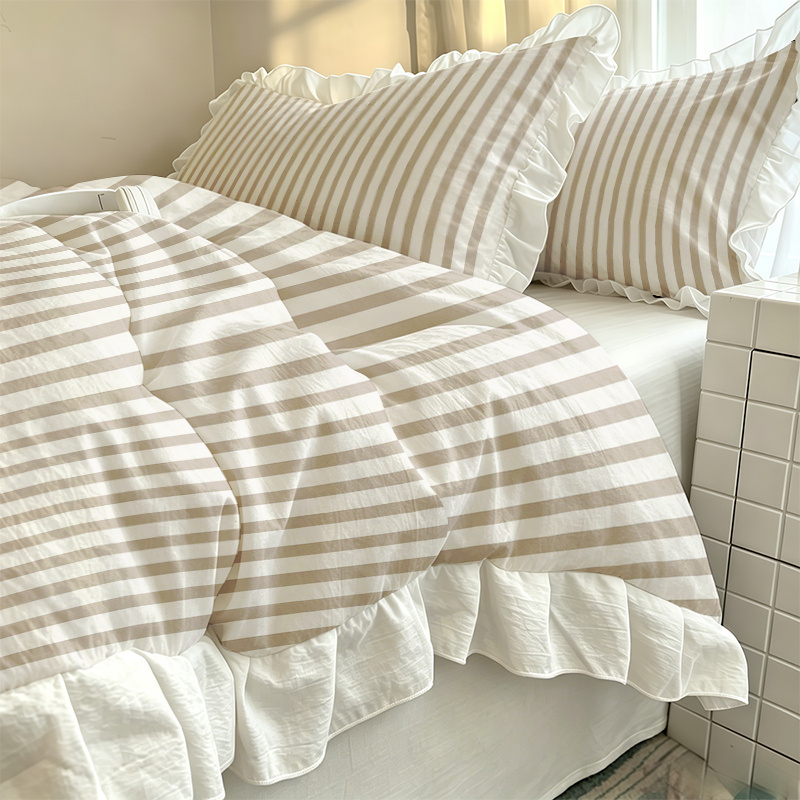 TEMU 2/3pcs Khaki And White Striped Background Pattern Lace Duvet Cover Set, Set Includes 1 Duvet Cover   1/2 Pillowcases, No Filler - Soft,