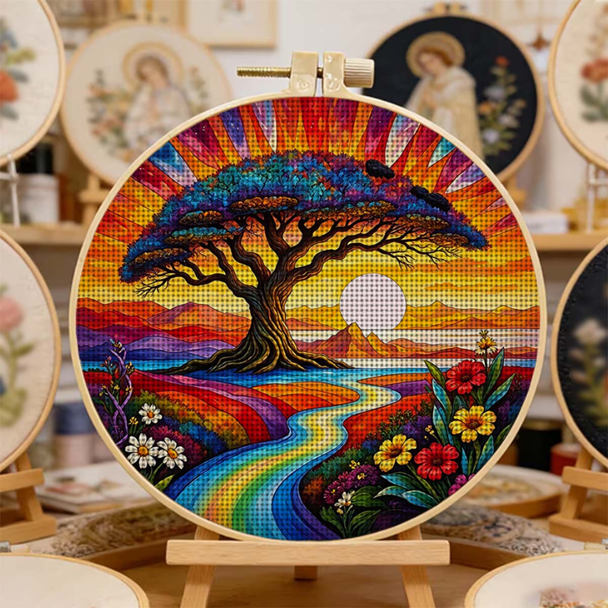 Round Cross Stitch Printed Kit with Hoop, Colorful Big Tree Pattern