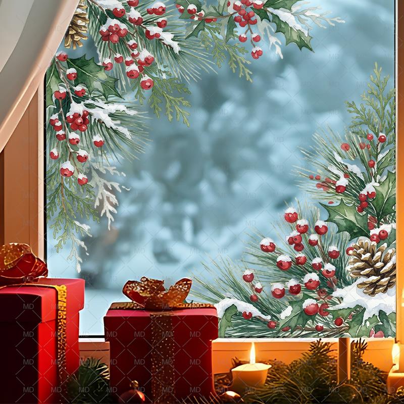 TEMU Christmas Static Window Cling Stickers, Christmas Corner Pine Branch Berries Pine Cone Static Window Decals, Snow-covered Winter Greenery Glass