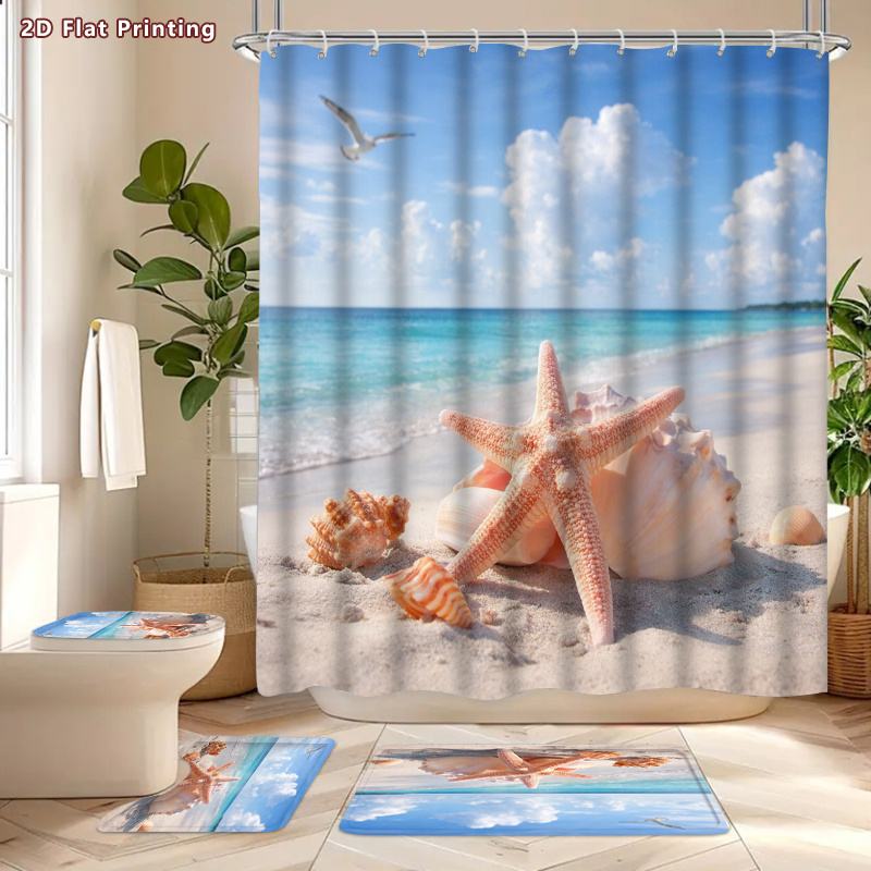 4pcs Beach Starfish Seashell Shower Curtain Set with Bath Mats