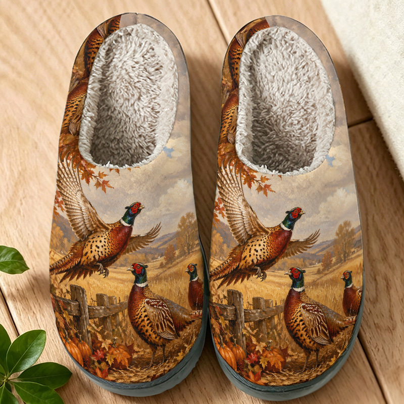 TEMU 1 Pair Pheasant Print Slippers Suitable For , Non-slip Sole Warm Plush Indoor/outdoor With Pheasant, Tpr Sole & Cushioned For All- Use - Ideal