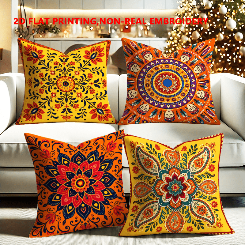 TEMU 2d Flat - 4pcs, 2d Flat Printing, Retro Ethnic Style Pattern Pillowcases, Mandala Pattern Printed Covers, Living Room Sofa Throw Pillow Covers,
