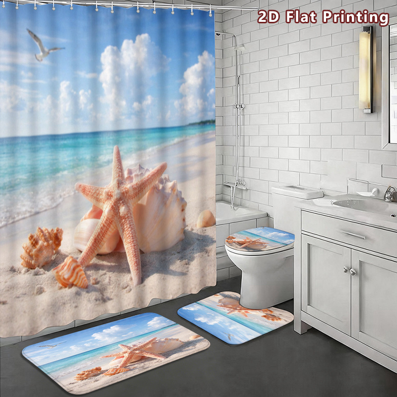 4pcs Beach Starfish Seashell Shower Curtain Set with Bath Mats