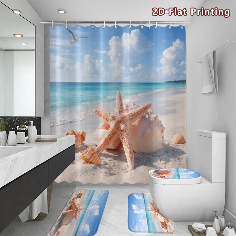 4pcs Beach Starfish Seashell Shower Curtain Set with Bath Mats