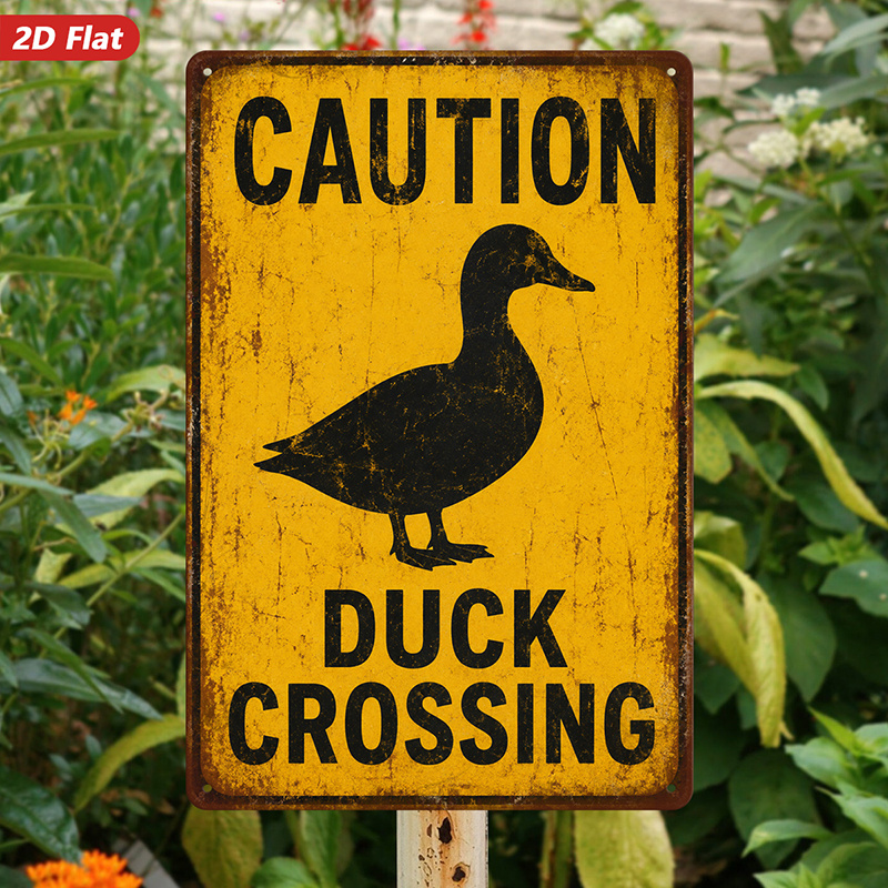 TEMU 2d Flat, 1pc Duck Crossing Sign Wall Decor - Black Duck Silhouette Distressed Yellow Background, Rustic Vintage Artificial Panel Suitable For