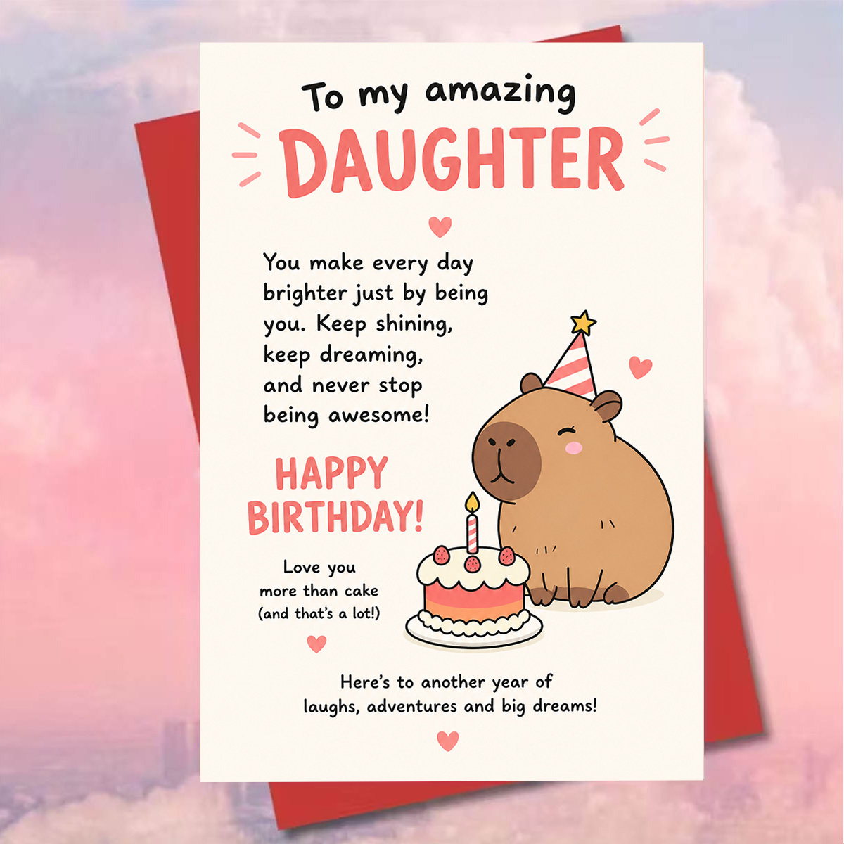 TEMU 1pc Warm Cute Cartoon Birthday Card, "to Daughter", (scene: Capybara With Party Hat To Birthday Cake, Text ), Suitable For Daughters, Card And