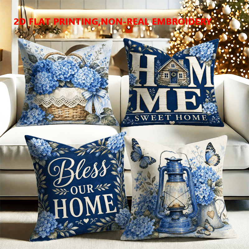 TEMU 4pcs Set, 2d Flat Printing, Blue Hydrangea With "home" Lettering Pillowcases, Pastoral Style Printed Pillowcases, Single-sided Print, Polyester