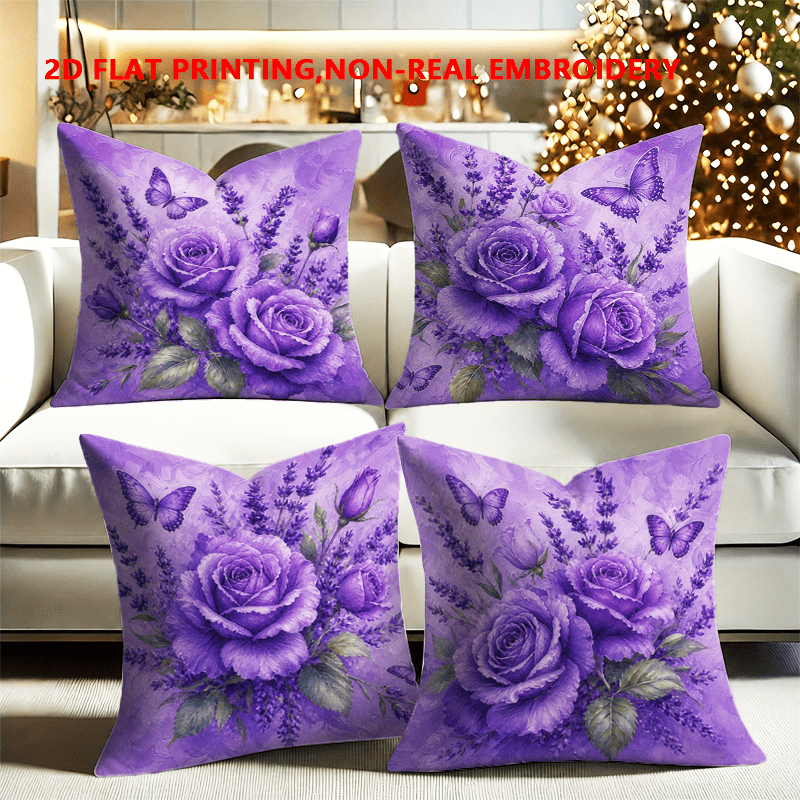 TEMU 4pcs Set, 2d Flat Printing, Purple Rose Lavender Printed Pillowcases, Single-sided Print, Modern Fashion Decorative Pillow Covers, Polyester