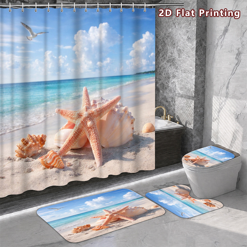 4pcs Beach Starfish Seashell Shower Curtain Set with Bath Mats