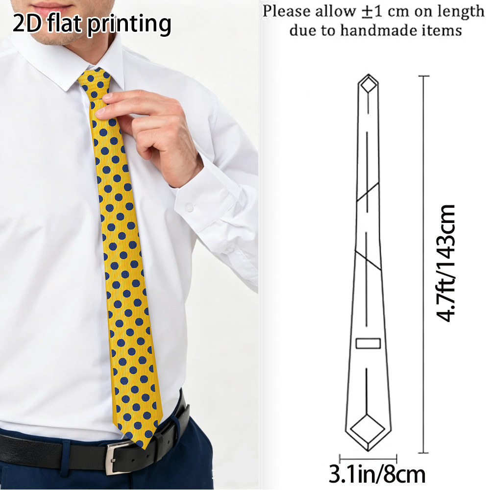 TEMU 1pc, 2d Flat Yellow Background With Blue Dots Printed Polyester Necktie Stylish Pick For Business Casual, Themed Parties Or As Gift For Dad For