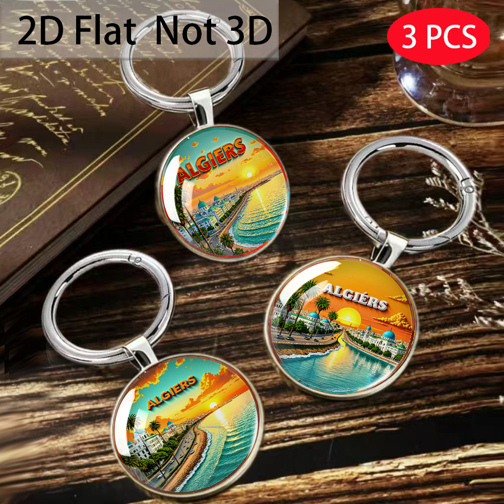 TEMU 3pcs Porte-clés plats 2D, Porte-clés sur le thème " algérien" de style vibrant vintage, Vue chaude d'agglomération orange avec palmiers,
