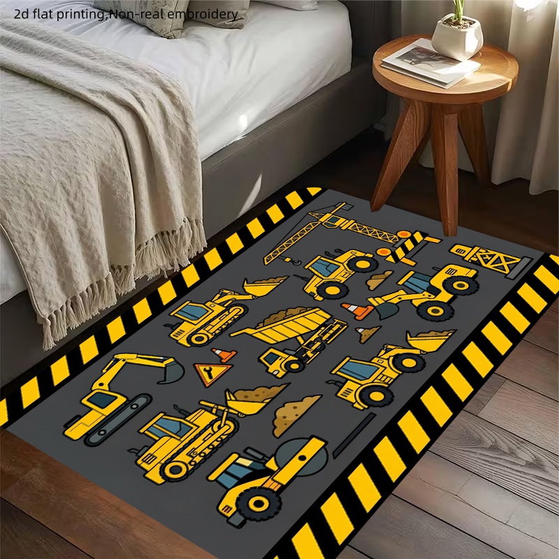 TEMU 1pc, 2d Flat Printing, Engineering Vehicle Pattern Floor Mat, Yellow Excavator Truck Crane Design Bedside Carpet, Non-slip, Machine Washable