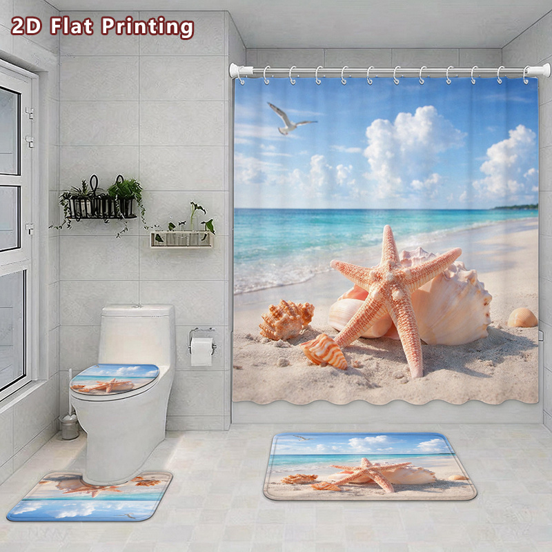4pcs Beach Starfish Seashell Shower Curtain Set with Bath Mats