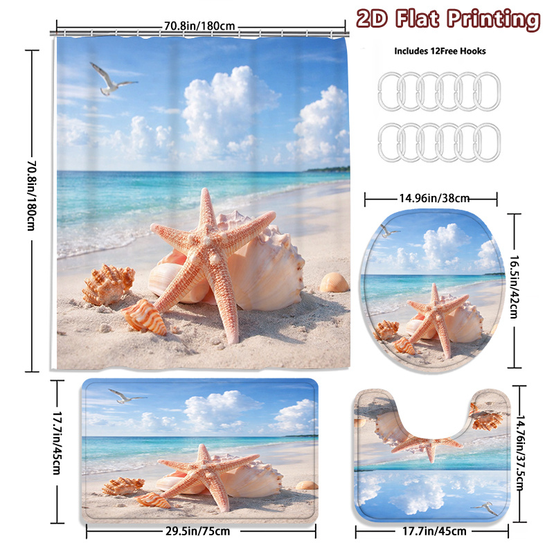 4pcs Beach Starfish Seashell Shower Curtain Set with Bath Mats