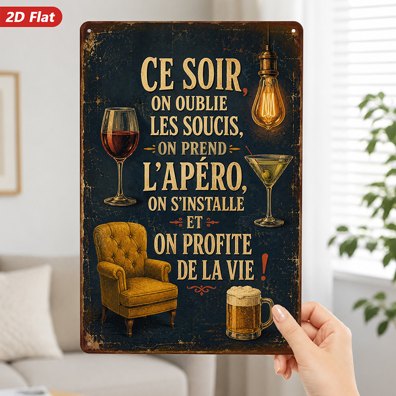 TEMU Plaque métallique murale 2D plate, 1 pièce, Salon d'apéritif français, Décoration d'intérieur, " Soir ", Verre de fête, Parfait pour studio