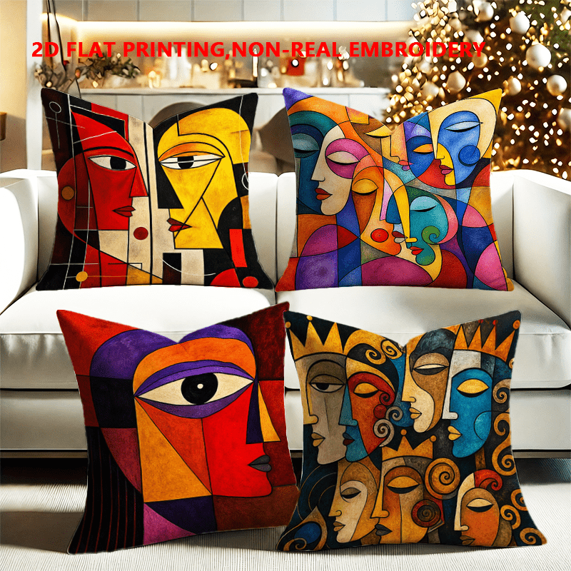 TEMU 2d Flat - 4pcs, 2d Flat Printing, Picasso Style Abstract Face Cubist Art Pillowcase, Single-sided Print, Polyester Material, , Zipper Closure,