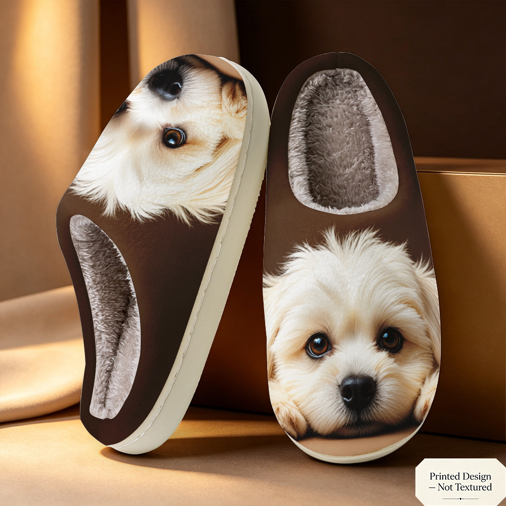 TEMU [printed Design - Not Textured] Cute White Puppy Print Slippers Pattern Women's Fashion Printed Slippers, , Unisex Couple Same Style, Essential