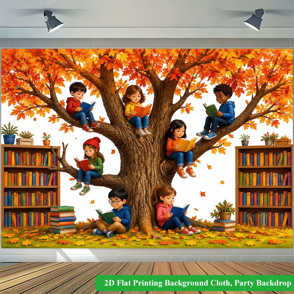 Children Reading Under Autumn Tree Background Banner