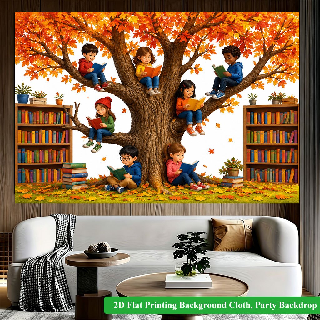 Children Reading Under Autumn Tree Background Banner